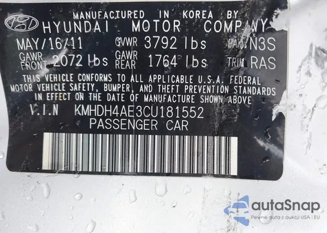 2012 Hyundai Elantra Limited (Ulsan Plant) из США, поврежденный, VIN KMHDH4AE3CU181552